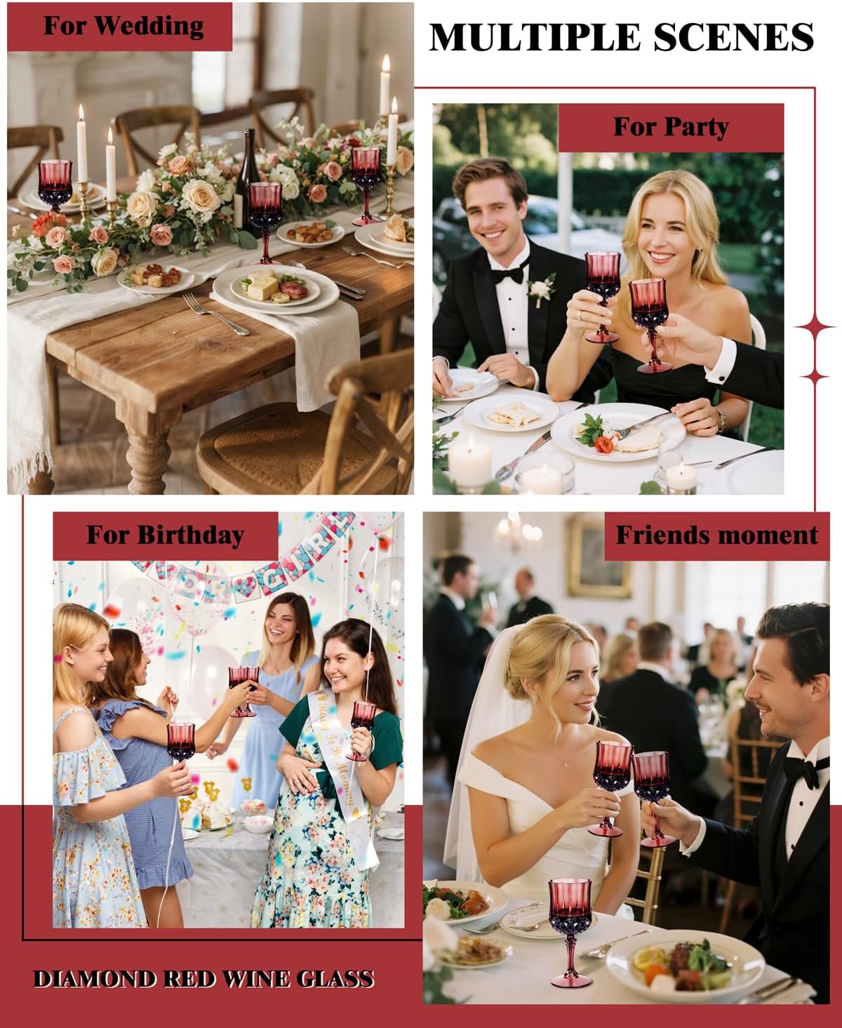 Ciaell 24PCS Burgundy Plastic Wine Glasses - 7 Oz Plastic Goblets for Party - Burgundy Vintage Drinking Glasses - Disposable Water Goblets Set for Wedding, Bar, Wine, Beer, Juice & Christmas