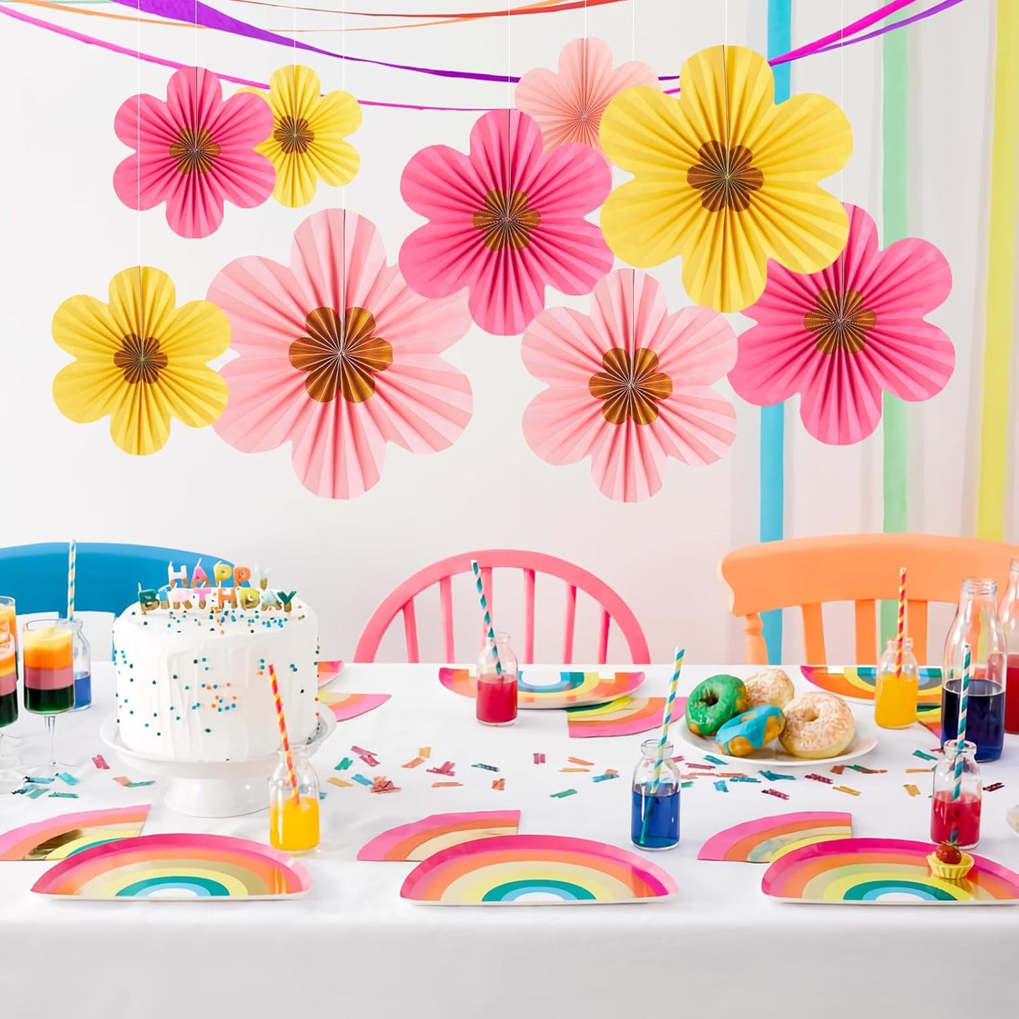 SUNBEAUTY Paper Flowers Decorations for Wall Gold Flower Party Decorations Hanging Fans Floral Backdrop Decor Mothers Day Birthday Wedding Baby Shower Decoration Wall Set of 9