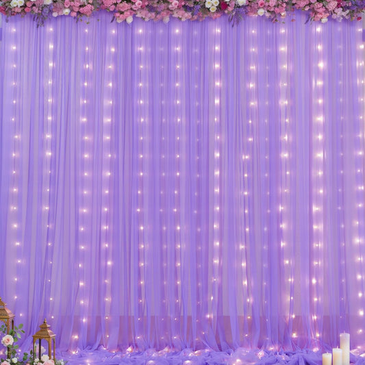 20x8ft Lavender Tulle Backdrop Curtains with Lights for Party Wedding Baby Shower, Sheer Drape Backdrop Curtains for Birthday Party Photo Booth Background Decoration