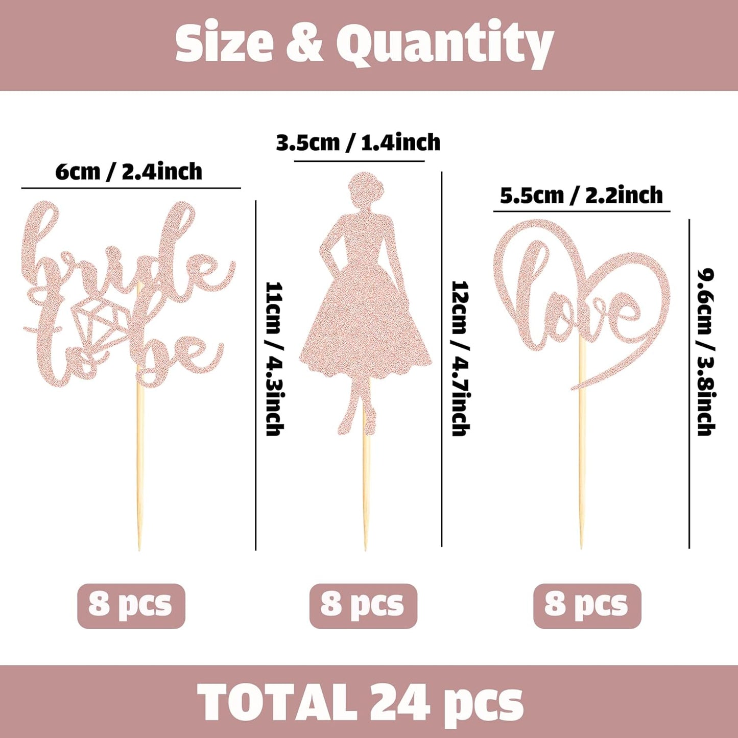 Sotpot 24PCS Bride to Be Cupcake Toppers with Heart Rose Gold Glitter Dress Bridal Shower Cupcake Picks for Wedding Bridal Shower Wedding Engagement Party Cake Decorations