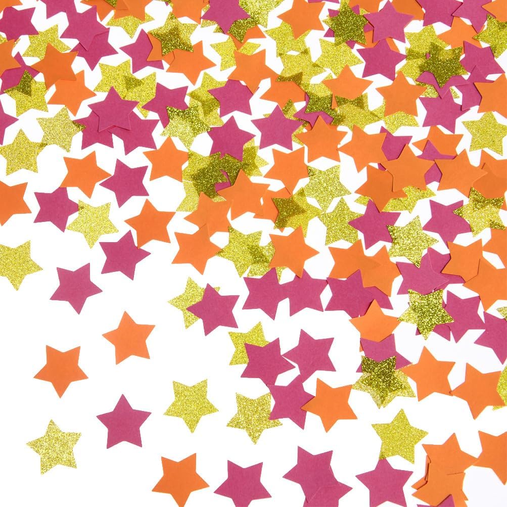 Hot Pink Orange and Gold Star Confetti Table Decoration for Baby Shower Birthday Wedding Graduation Fall Autumn Groovy Theme Party,1.2 inch in Diameter,200 Counts