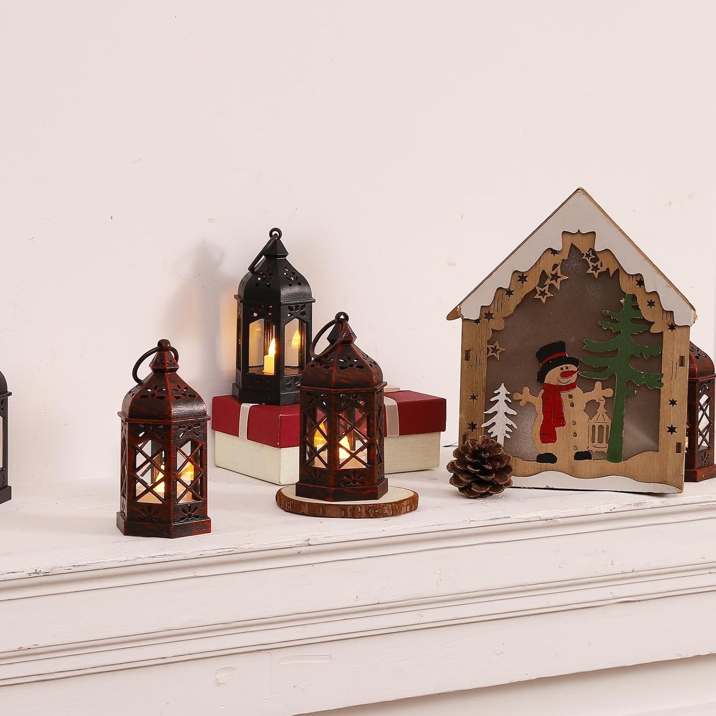 LLQ 12PCS Brushed Red Mini Lantern with LED Tealight for Halloween Decorations, Small Moroccan Lanterns for Wedding Decor, Vintage Christmas Lights for Table Centerpiece, Hanging Ornaments Bulk