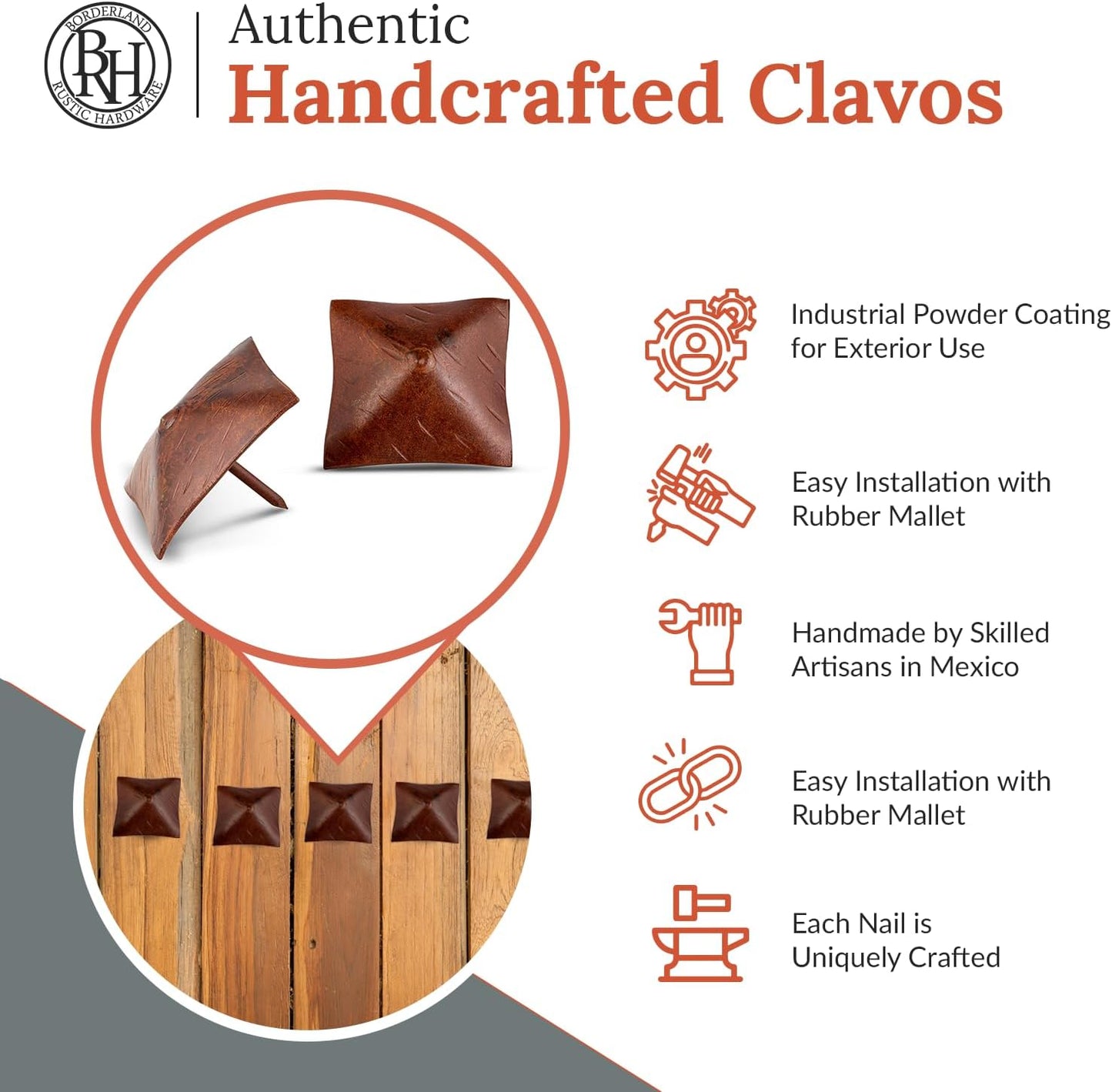 50 Pack 2" Square Head Iron Clavos Decorative Nails – Sealed Rusted – Handmade Rustic Square Fasteners for Farmhouse Shutters, Faux Wood, Barn Doors, Shutters, and Gates – Ornamental Wood Accent