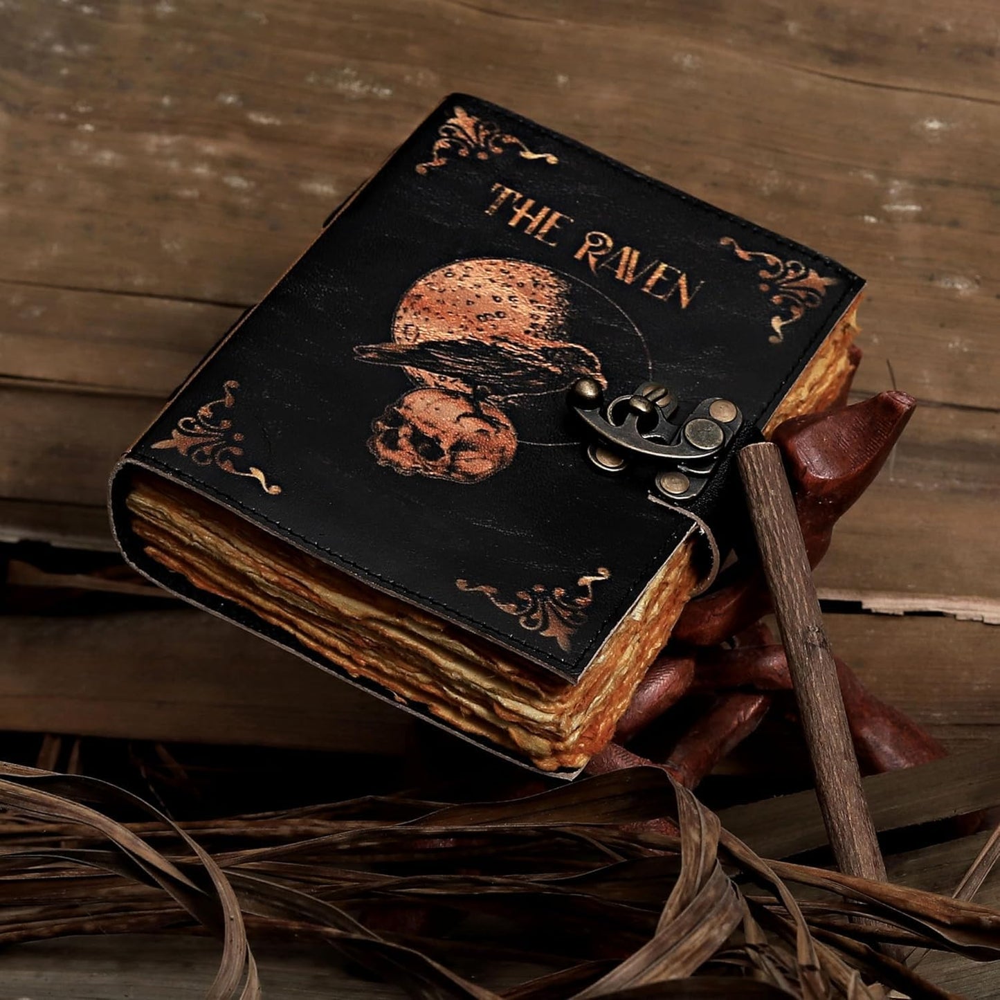 Leather Gothic Journal Magical Raven Skull Spiral Notebook Mystery Crow Journal Grimoire Witchcraft Spellwork Journal Great for Halloween and Raven Lovers Aesthetic Leather Journal for Men and Women (8 x 6 inches)