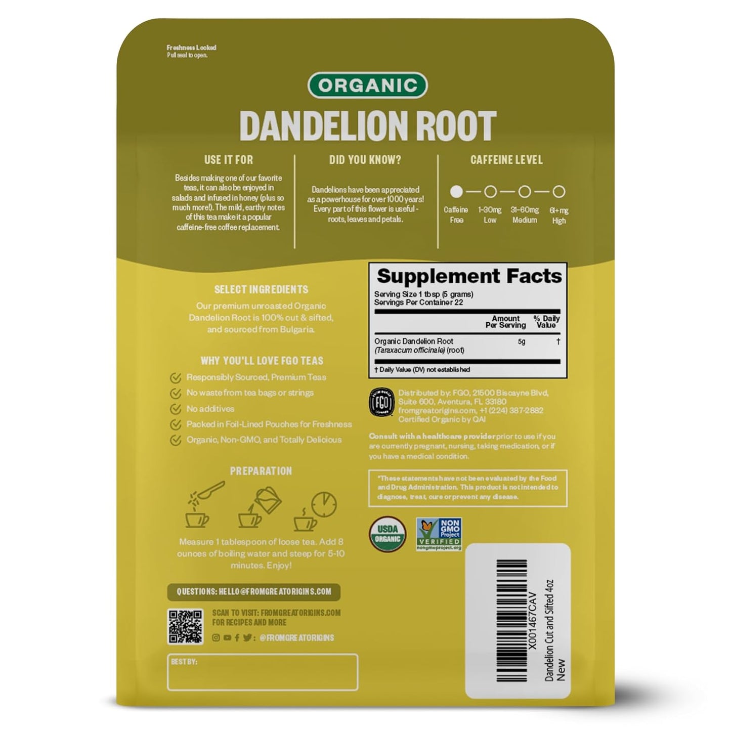 FGO Organic Dandelion Root, Cut and Sifted Loose Tea, 4 Ounce Resealable Bag, Packaging May Vary (Pack of 1)