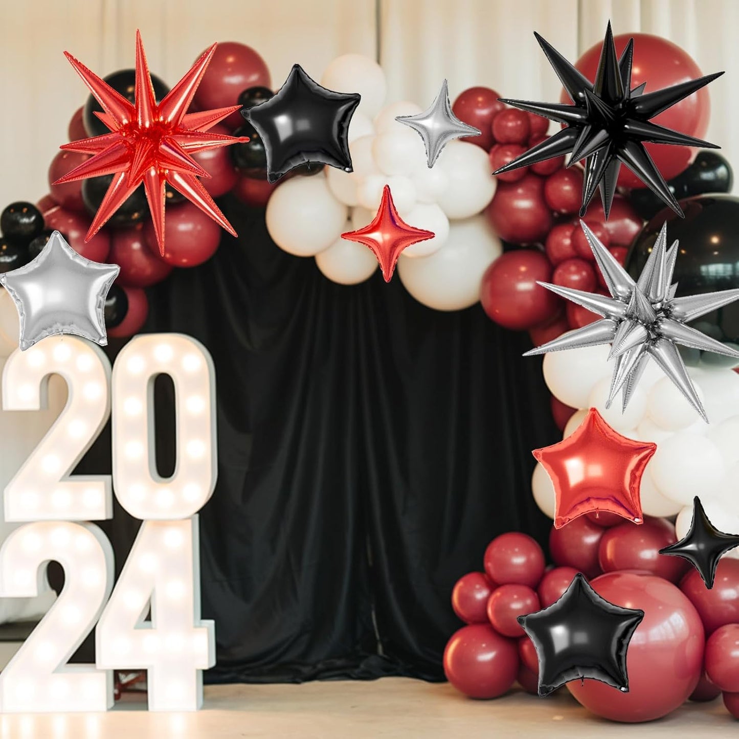16 Pcs Red Black Silver Star Balloons,22/18/10 Inch Foil Balloons, Four-Pointed Balloon for Birthday Graduation Prom Wedding Baby Shower Movie Party Decorations