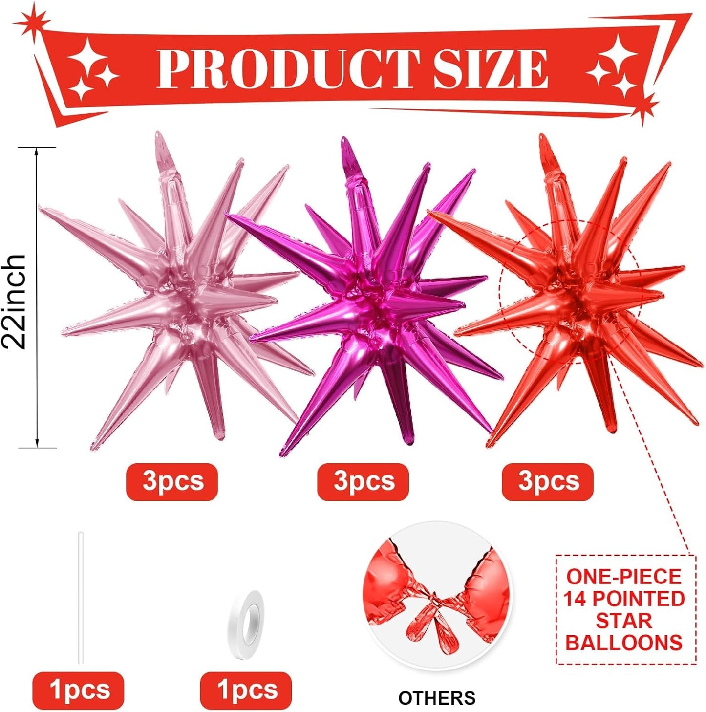 Hot Pink Red Star Balloons,9Pcs 22Inch Pink Red Explosion Spike Cone Helium Polyester Film Star Foil Balloons for Birthday Anniversary Baby Shower Valentine's Day Disco Party Decorations
