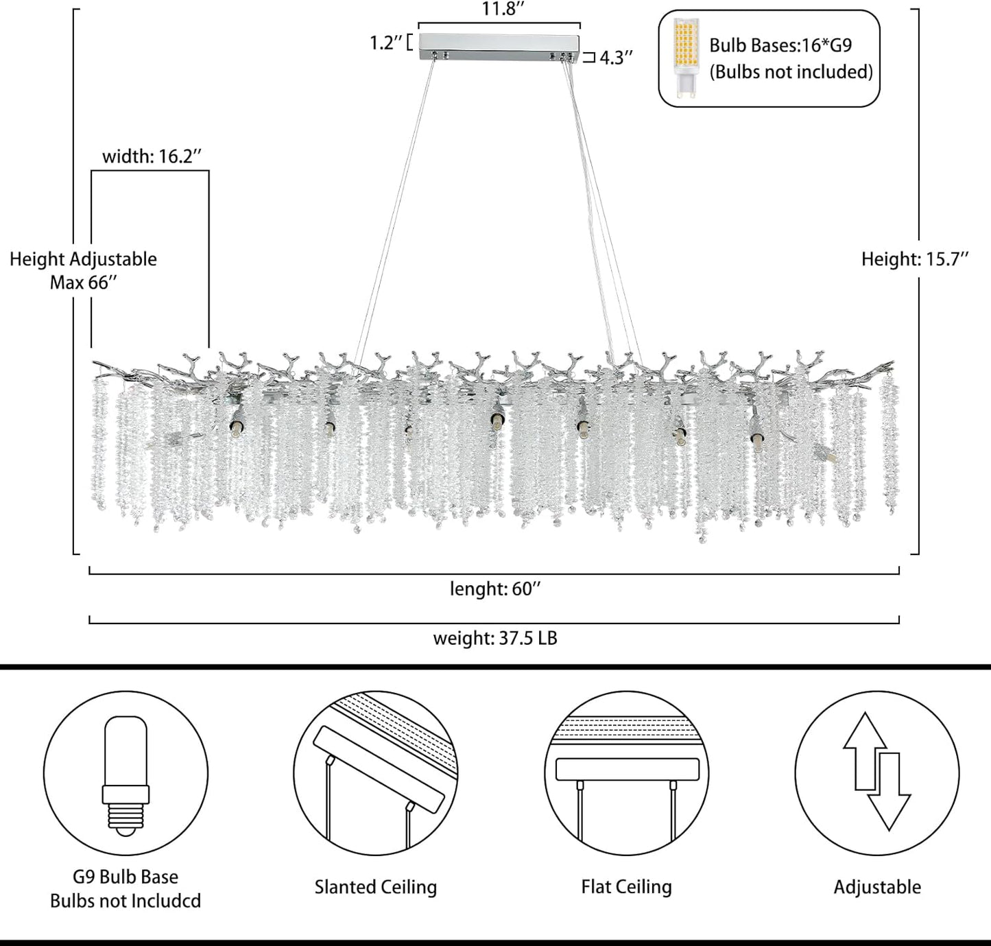 YUYI Modern Crystal Chandelier, 60" Silver Tree Branch Chandelier for Dining Room, Large Rectangular, Luxury High Ceiling Light Fixture for Living Room, Kitchen, Foyer