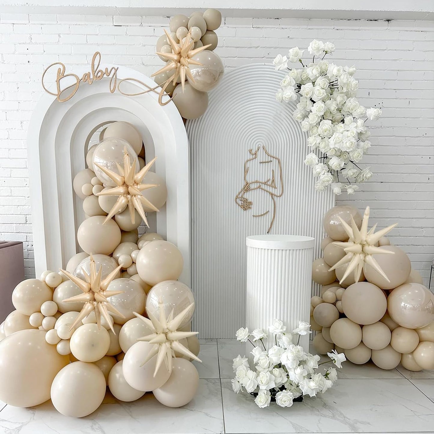 Cream White Beige Star Balloons,9Pcs 22Inch Caramel Sand White Explosion Spike Cone Helium Polyester Film Star Balloon for Birthday Anniversary Baby Shower Disco Party Decorations