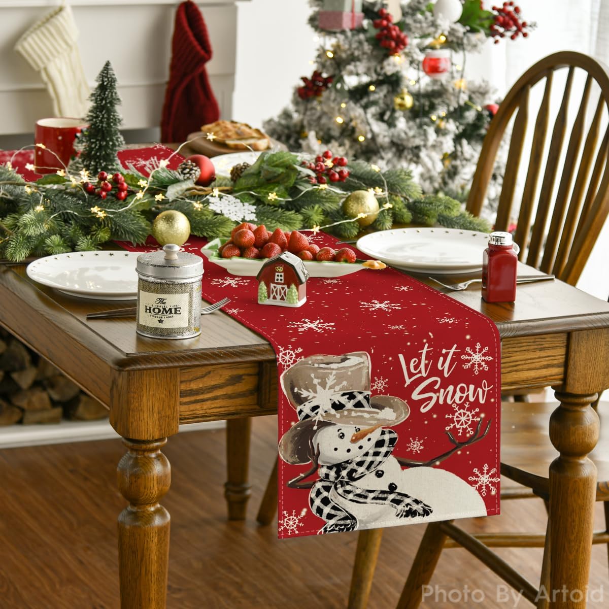 Artoid Mode Red Snowman Snowflake Let it Snow Winter Table Runner, Seasonal Christmas Kitchen Dining Table Decoration for Home Party Decor 13x36 Inch