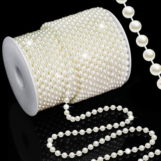99 Feet 6mm Pearl Strings Garland for Crafts, Artificial Pearl Beaded Trim Chain Roll Strands for Wedding Centerpieces Bouquet Party Decoration Christmas Tree Garland, Ivory