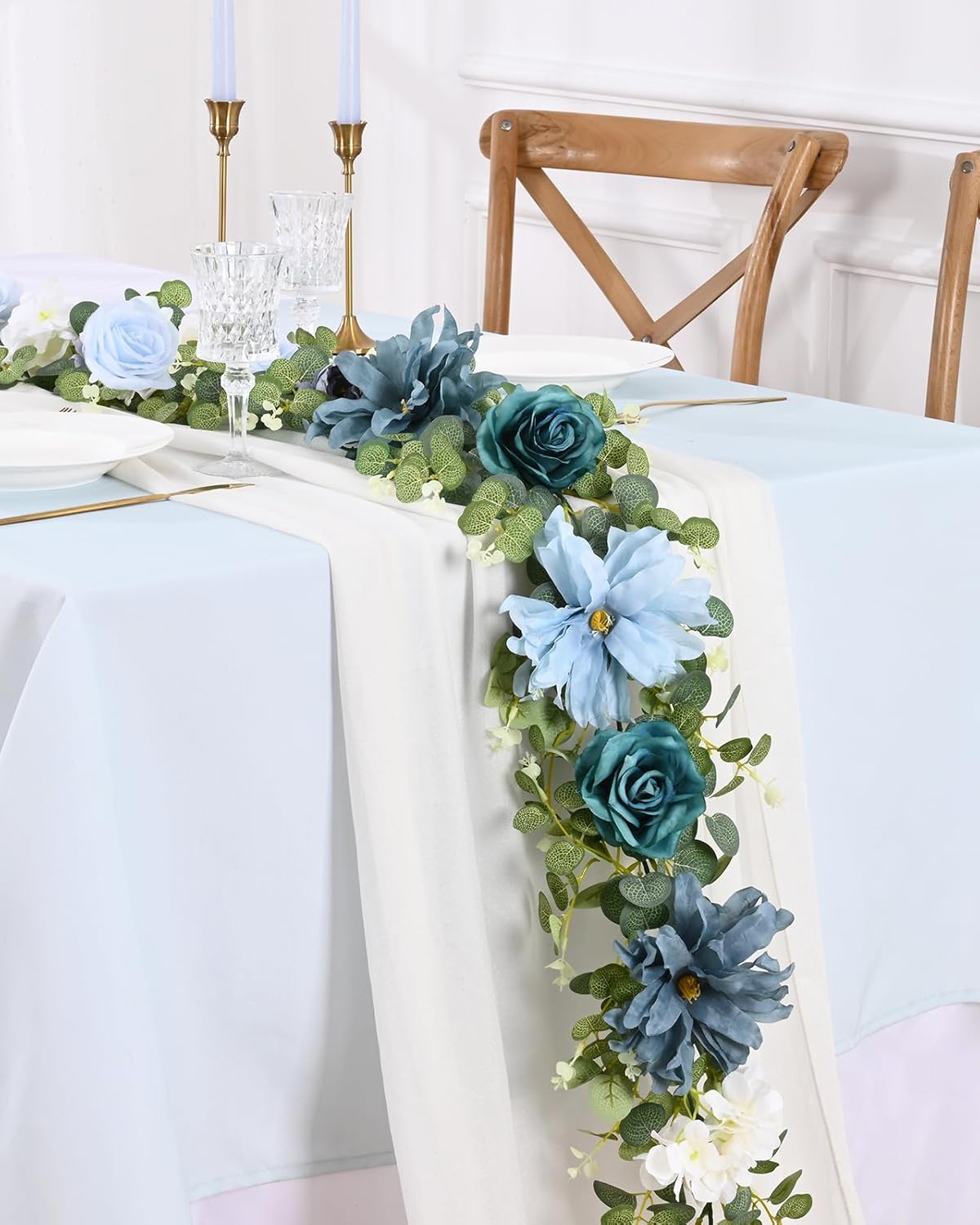 Waipfaru 6.07Ft Artificial Eucalyptus Garland With Flowers - Wedding Table Decorations, Floral Rose for Centerpieces, Backdrop Wall Flower Vines, Room Decor (Dusty Blue)