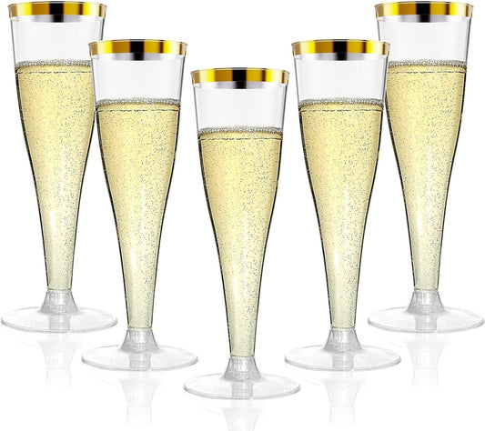 40 Pack Champagne Flutes Plastic Wine Glasses Disposable, 4.5 Oz Gold Rim Mimosa Glasses for 2025 Wedding Birthday Party Supplies, Bulk Toasting Cocktail Cups