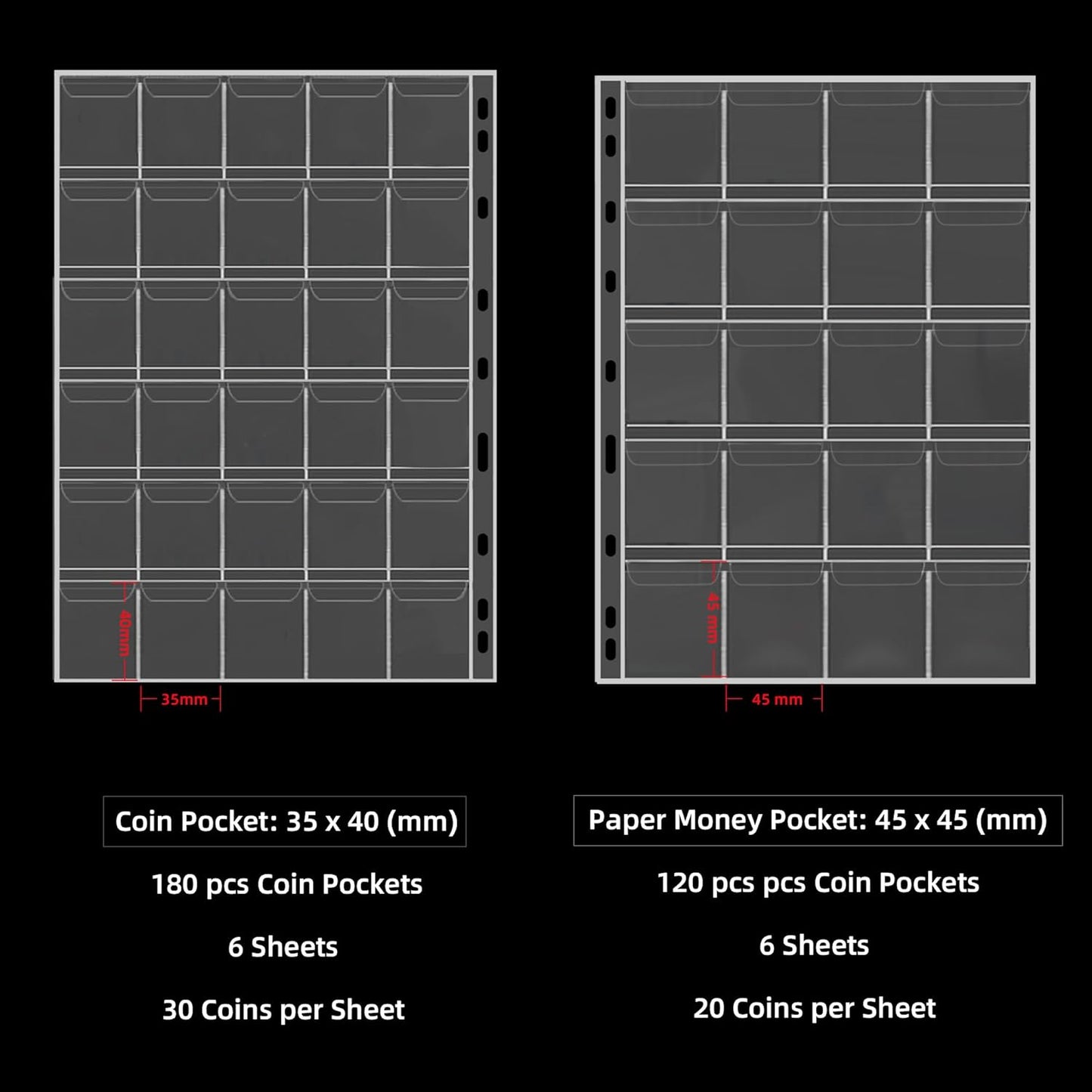 Fireproof Coin Collection Album for Collectors, 300 Pockets Coins Collecting Album & 36 Sleeves Money Storage Case for Coin Currency Collection Supplies, Bill, Pennies, Quarters, Stamp,F65C001B