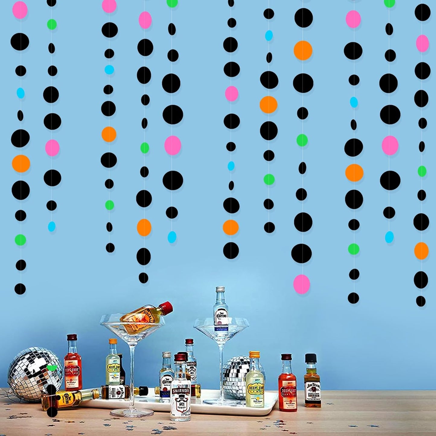 Black and Colorful Circle Dots Hanging Paper Streamer Black Multi-Color Polka Dot Banner for Birthday Bachelorette Wedding Baby Shower Fiesta Disco Halloween Party Decorations Supplies