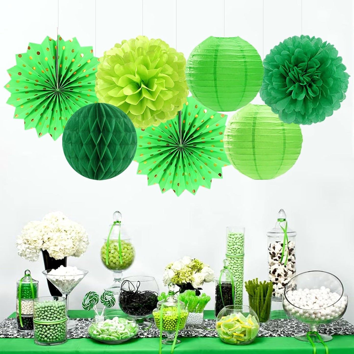 Green Party Decorations Streamers Lanterns - 14pcs St Patricks Day Paper Lanterns Fan,Tissue Pom Poms,Honeycomb Spring Summer Birthday Wedding Engagement Baby Shower Decor Ouruola