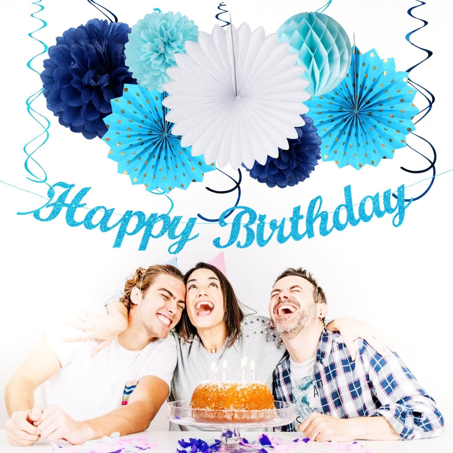 Light-Royal Blue White Birthday Party-decorations - 21pcs Boys Men Ocean Happy Banner,Navy Dusty Paper Streamers Lanterns Honeycomb,tissue Pom Poms Fan,Nautical Adult Garland Supplies Decor Huglony