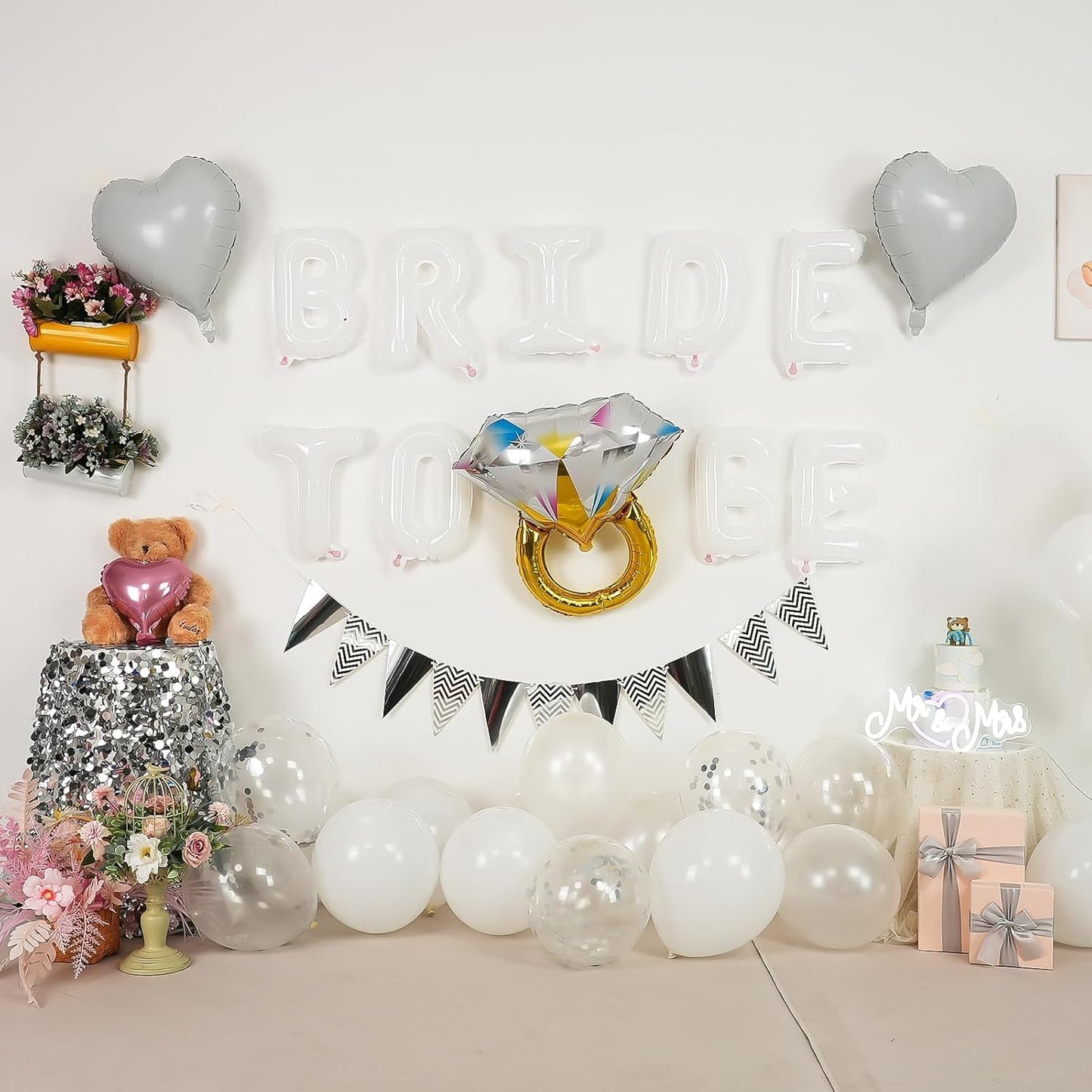 White Bachelorette Party Decorations, White Bride To Be Bridal Shower Balloons Decorations, Silver Confetti Balloon with Diamond Ring Heart Balloon for Bachelorette Engagement Wedding