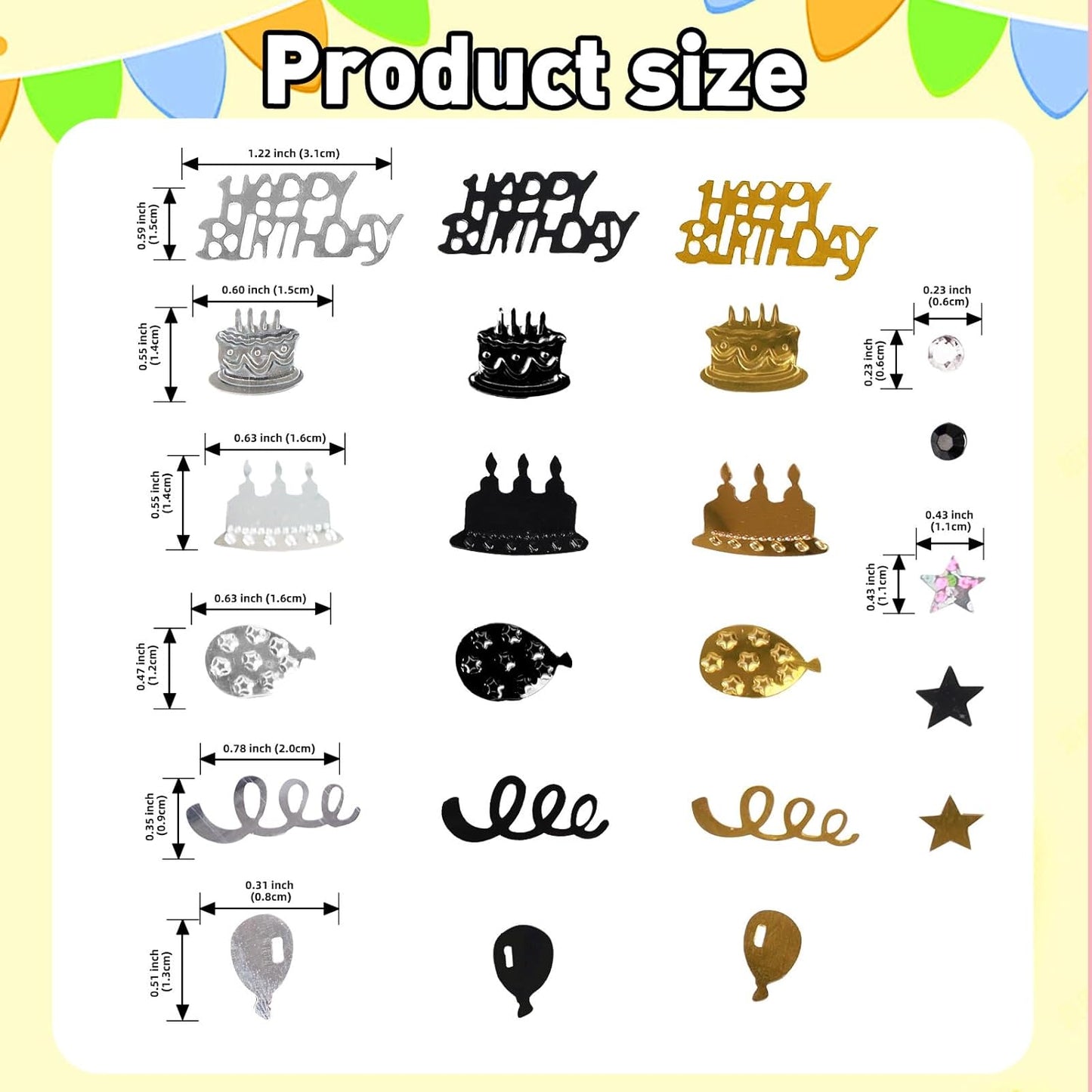 VHUWE Happy Birthday Confetti, 1.6 oz Black Gold Silver Cake Balloon Star Goblet Bottle Glitter Confetti for Happy Birthday Party Decorations Boys Girls Kids Women Men Birthday Table Decorations