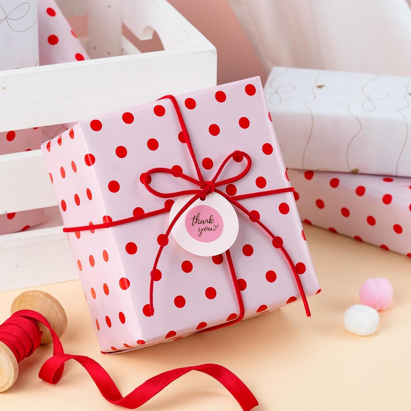 Flyhill Red Polka Dot Wrapping Paper,Reversible Pink Gold Elegant Bow & Heart Gift Wrap Suitable for Birthday,Girls,Baby Shower,Wedding (17 Inch X 32.8 Feet)