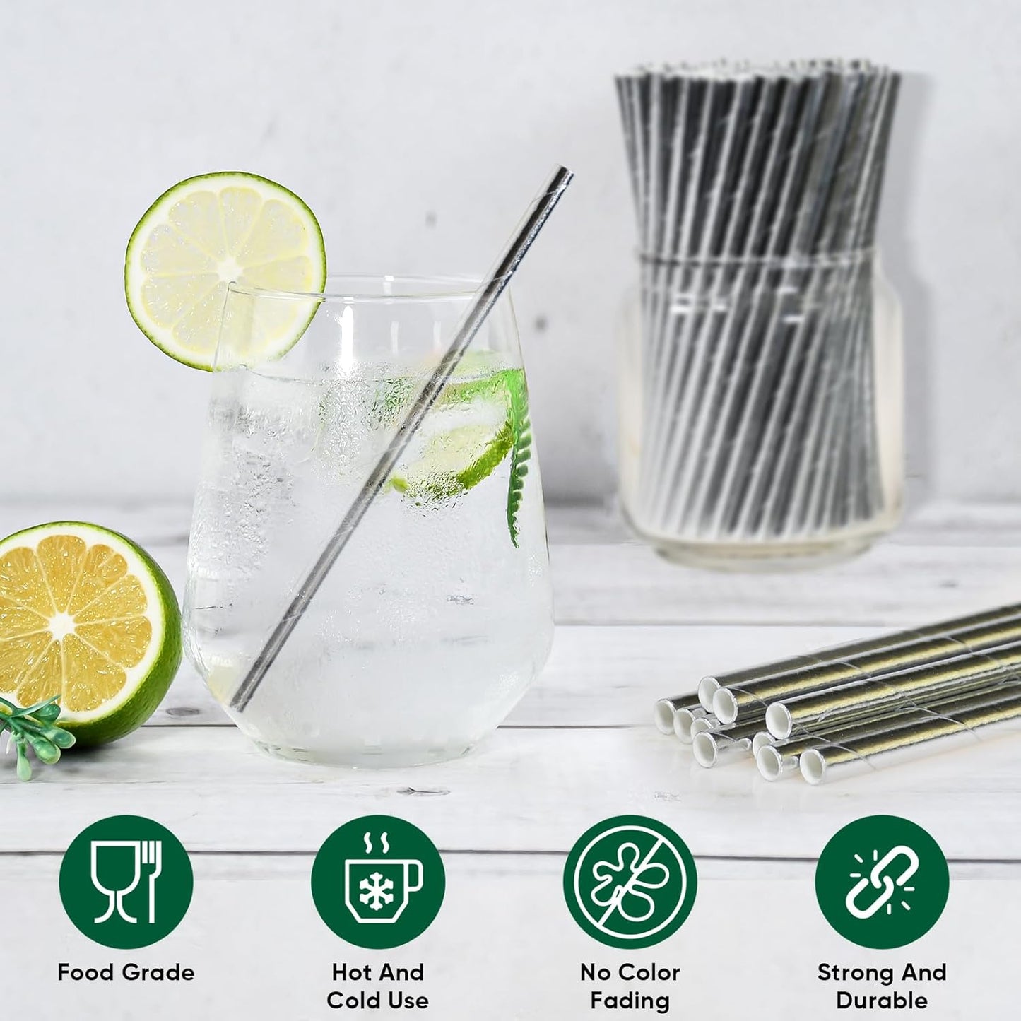 Chunsapk 5.75 inch Disposable Short Silver Paper Cocktail Straws, Stirring Straws 500 Counts - for Party, Wedding, Bars