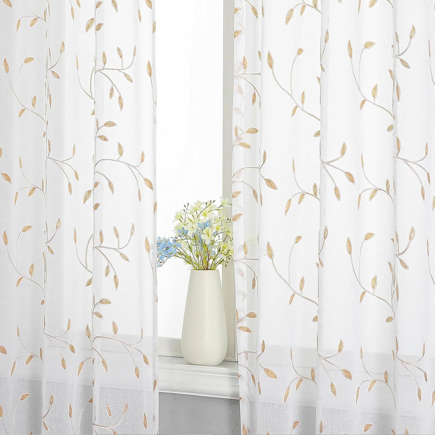 VISIONTEX White Sheer Voile Curtains, Decorative Orange Leaves Embroidery Faux Linen Rod Pocket Window Drapes for Home Kitchen, Living Room and Bedroom 54 x 72 Inch, Set of 2 Curtain Panels