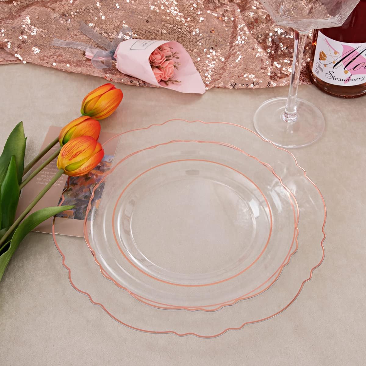 Liacere 150PCS Rose Gold Plastic Plates - Clear Rose Gold Disposable Plates with Glitter Bamboo Handle Cutlery - 60 Baroque Elegant Plates, 30 Forks, 30 Spoons, 30 Knives for Thanksging day&Chrismas