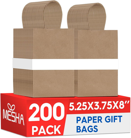 MESHA Kraft Gift Bags 200 Pack 5.25x3.75x8 Inch Small Brown Paper Bags with Handles Bulk for Small Business,Birthday,Party,Wedding,Retial,Shopping Bag