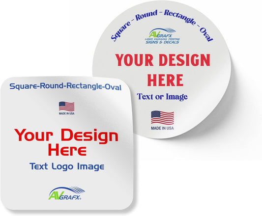 Avgrafx 110 Round or Square Custom Personalized Stickers Labels Vinyl Waterproof Dishwasher Safe, Made USA, Any Text or Image (4x4 Inches)