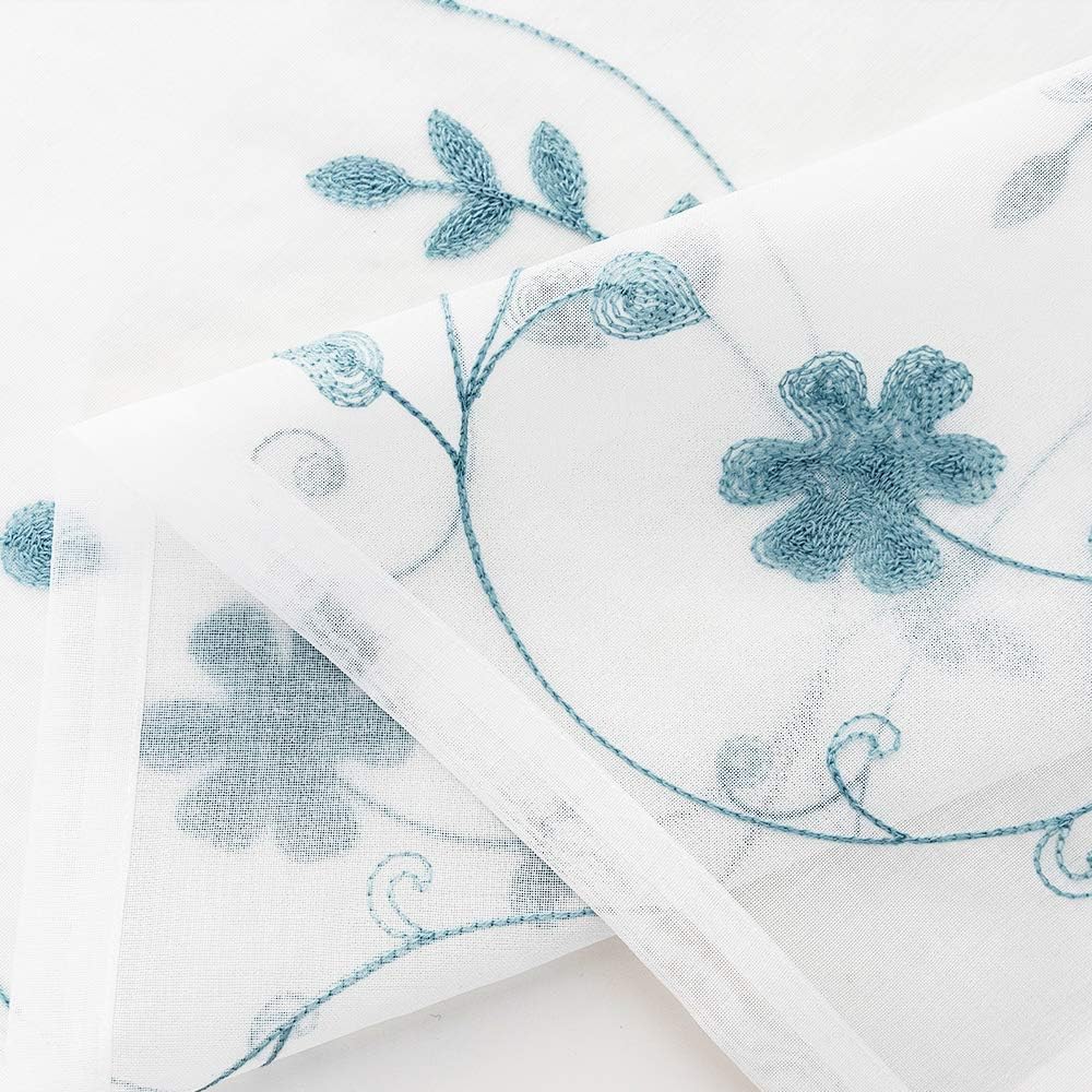 Blue Sheer Curtains 84 Inches Long, Floral Embroidered Rod Pocket Sheer Drapes for Living Room, Bedroom, 2 Panels, 52"x84", Semi Crinkle Voile Window Treatments for Yard, Patio, Villa, Parlor .