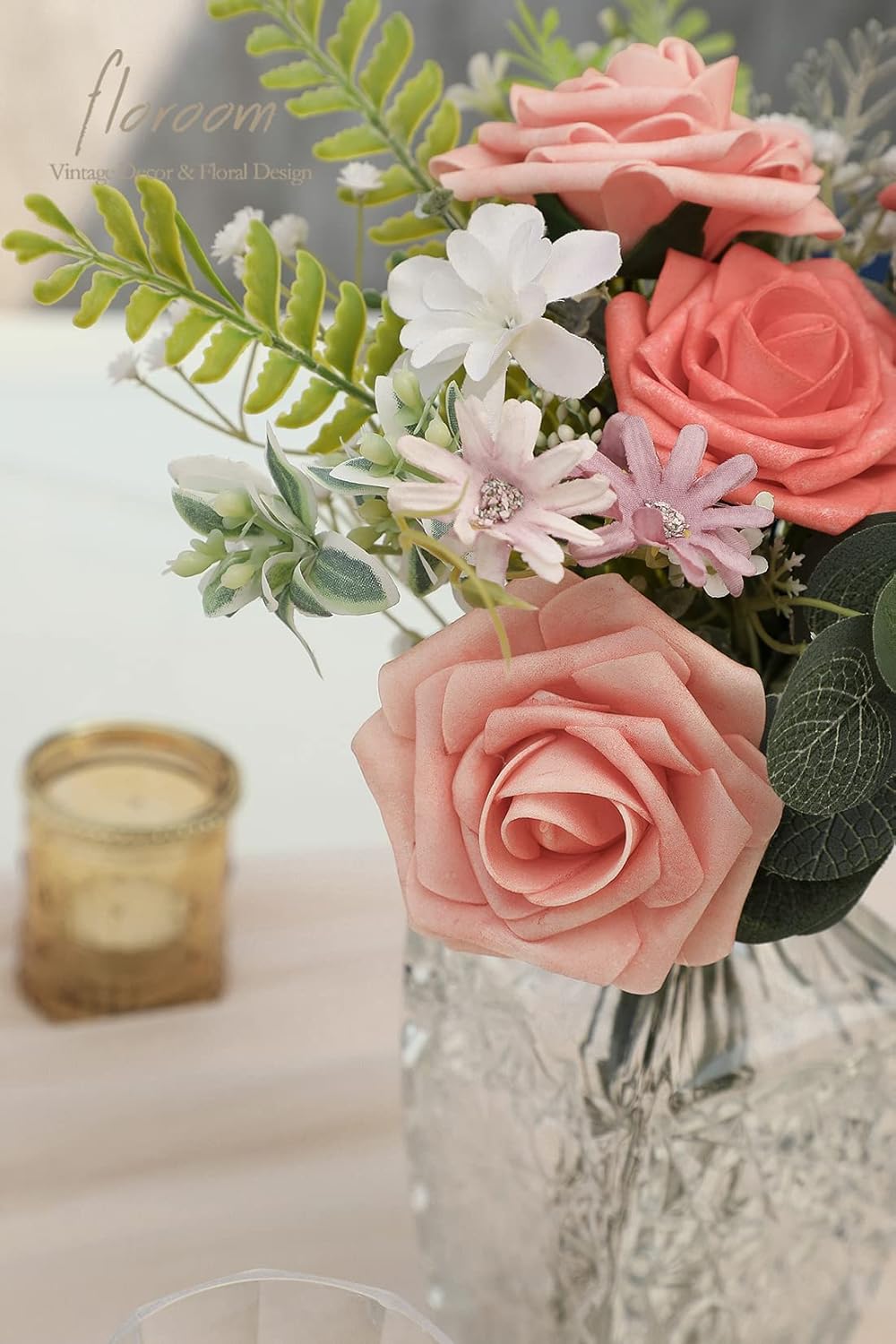 Floroom Artificial Flowers 50pcs Real Looking Mixed Living Coral Foam Fake Roses with Stems for DIY Wedding Bouquets Bridal Shower Centerpieces Floral Arrangements Party Tables Home Decorations