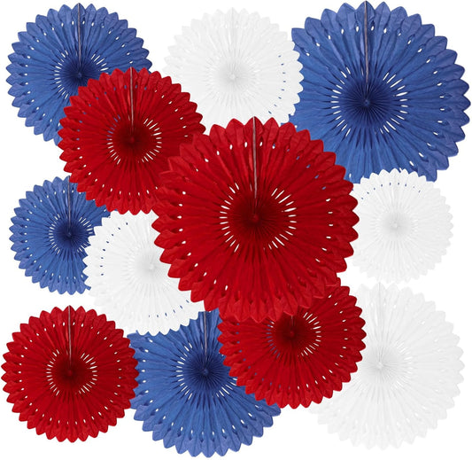 18 Pcs Red White Blue Hanging Paper Fan, Hanging Honeycomb Round Paper Fans for Weddings, Birthdays, Independence Day, Classroom, Events Ceiling Party Supplies Decorations
