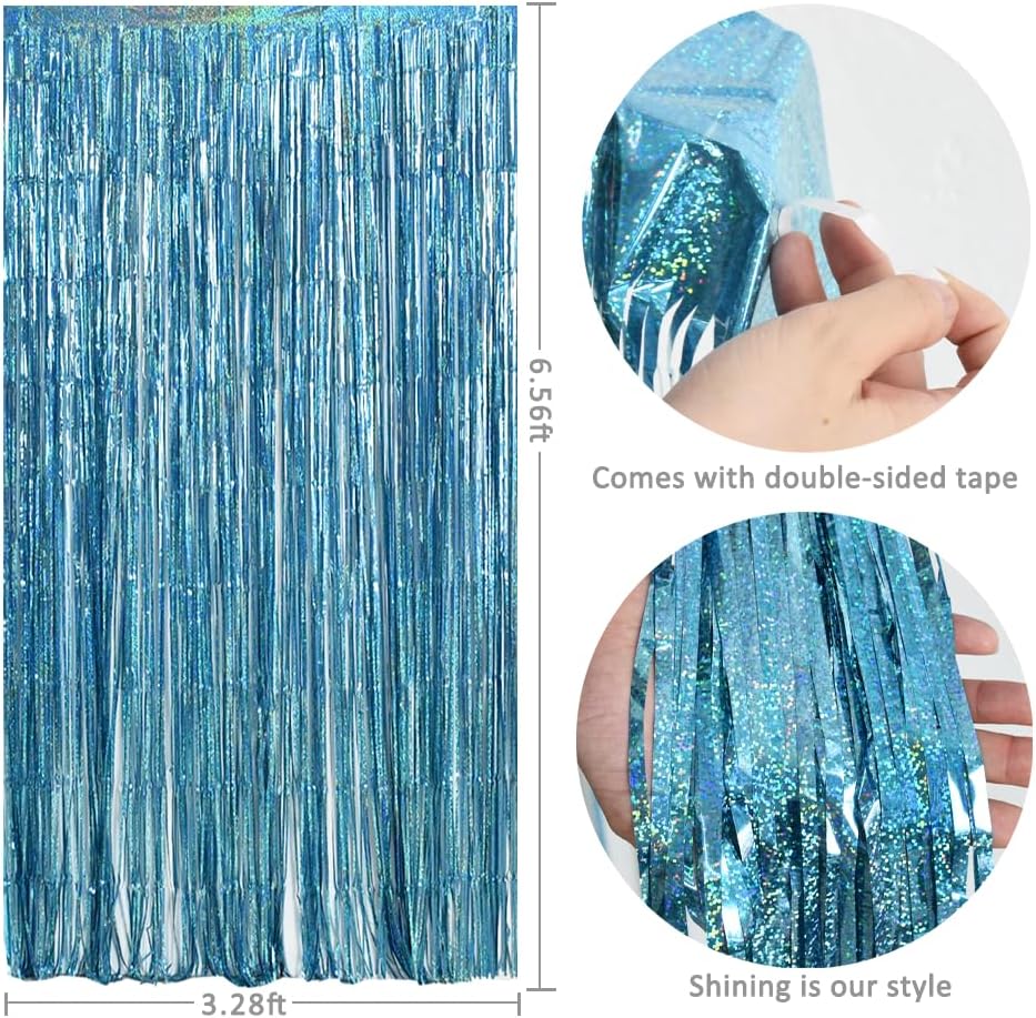 TONIFUL 3Pcs Laser Light Blue Door Streamers,Laser Blue Photo Booth Backdrop Metallic Streamers Blue Foil Fringe Curtains for Birthday,Christmas,New Year,Bachelorette,Grad Party Decor(9.9ft x 6.6ft)