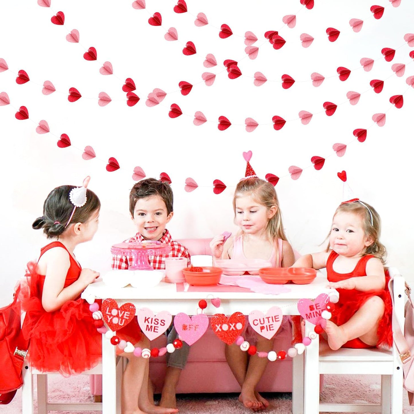 Red Pink Party-Decorations 3D-Heart Garland - 40ft Galentines Streamers Paper Banner, Proposal Anniversary Romantic Birthday Baby Shower Rustic Wedding Hanging Ornaments Decor Hugfond