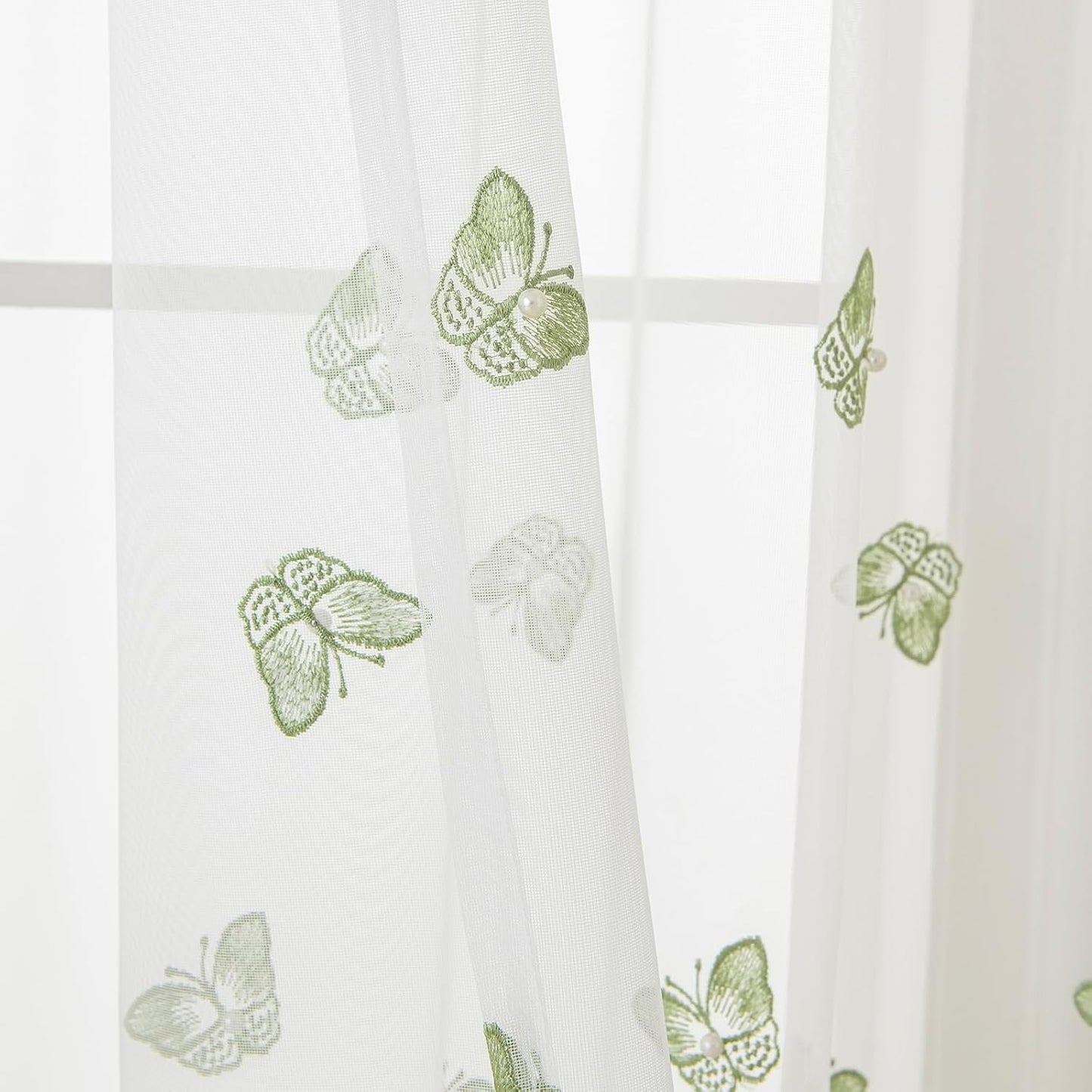 VISIONTEX White Sheer Voile Curtains, Decorative Green Embossed Butterflies Rod Pocket Window Drapes for Home Kitchen, Living Room and Bedroom 54 x 95 Inch, Set of 2 Curtain Panels