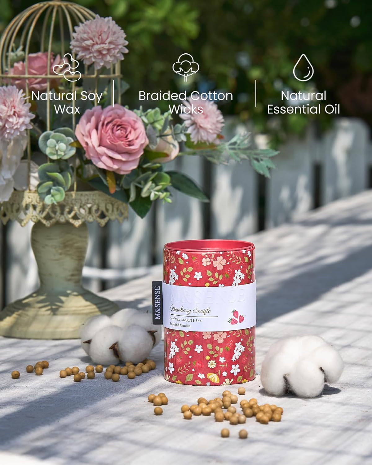 M&SENSE Strawberry Souffle Scented Candle, Medium Jar Candle 11.3oz Natural Soy Wax for Home Scented, Floral Candles Gift for Spring Holiday, Up to 70 Hours Burning Long-Lasting Fragrance