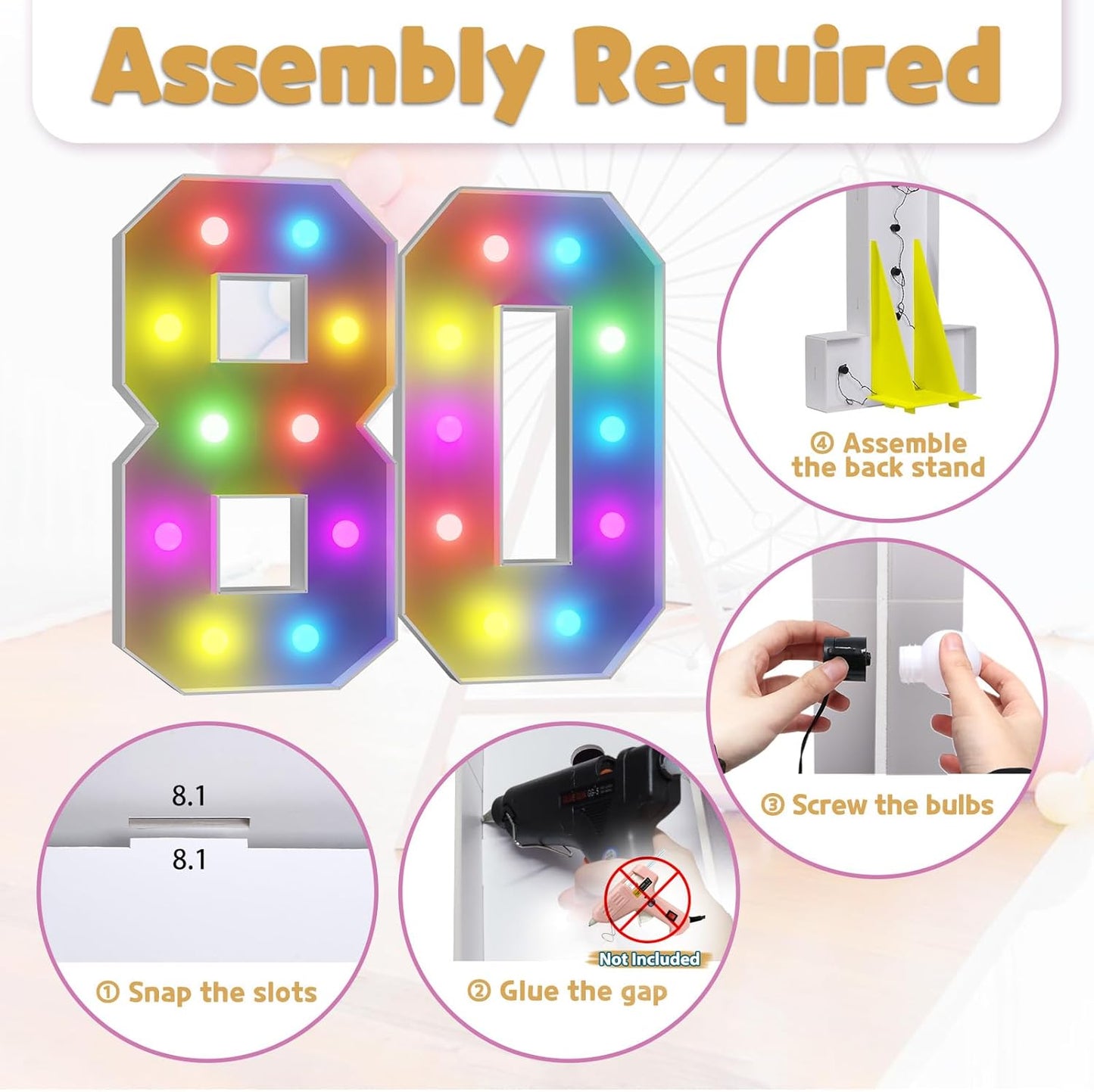 Marquee Numbers 80th-Birthday Decoration: Colorful 4FT Large Light Up 80 Year Old Birthday Decorations Anniversary Backdrop for Boys Girls Cardboard Sign 18 Colors Number 80 Mosaic Balloon Frame