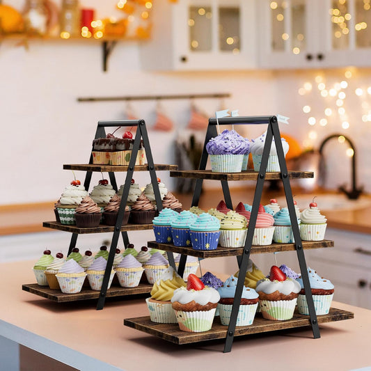 2 Pack Cupcake Stand 3 Tier Dessert Stand for 56 Cupcakes Dessert Table Display Set Wooden Cupcake Display Trays for Wedding,Birthday, Graduation, Party Decorations, Rustic Brown