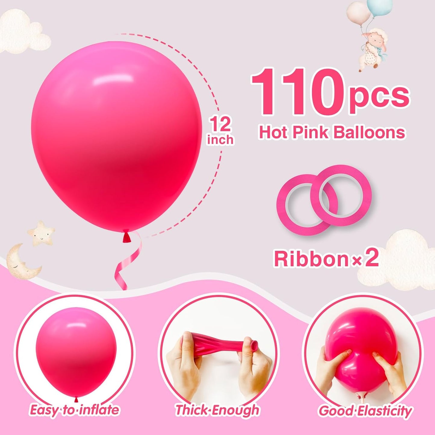 110pcs Hot Pink Balloons 12 Inch Fuschia Latex Balloon Garland Arch Kit for Birthday Baby Shower Anniversary Graduation Wedding Party Decorations