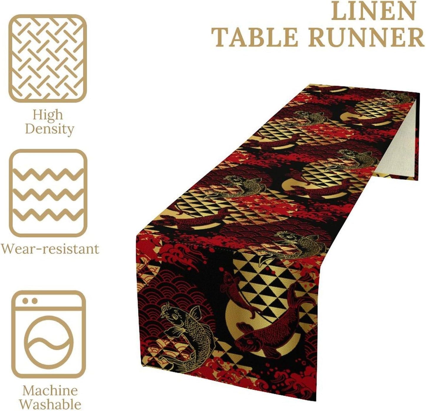 Japanese Table Runner Oriental Tradition Kio Fish Red Art Printed Burlap Runner Home Kitchen Dining Table Living Room Decor Fabric 1 Panel W13xL120in