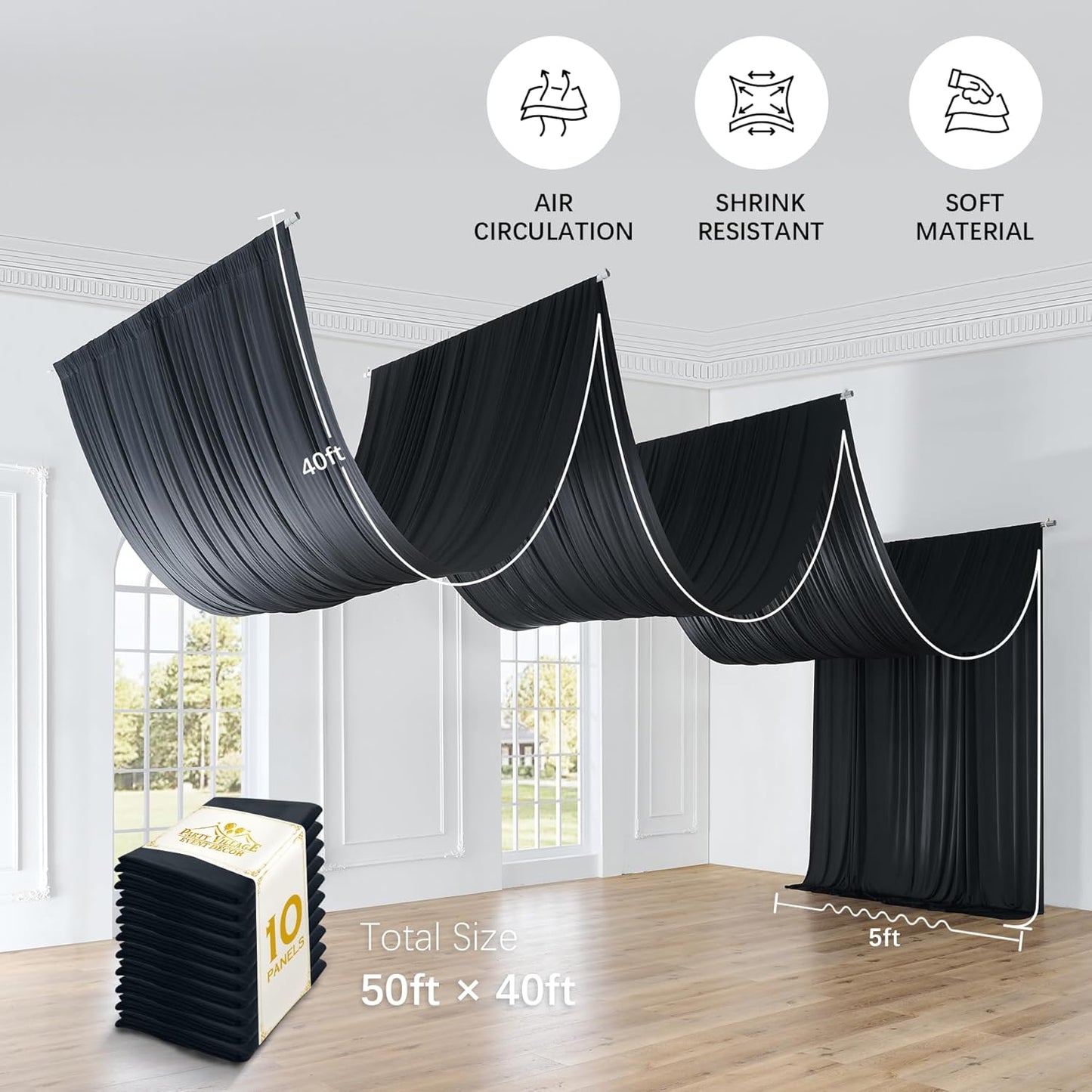 PartyVillage 50ftx40ft Black Ceiling Curtain for Halloween Parties – 10 Panels Wrinkle-Free 40 FT Long Tent Draping Curtains for Wedding, Birthday & Theme Parties, 40ft Height with Rod Pocket