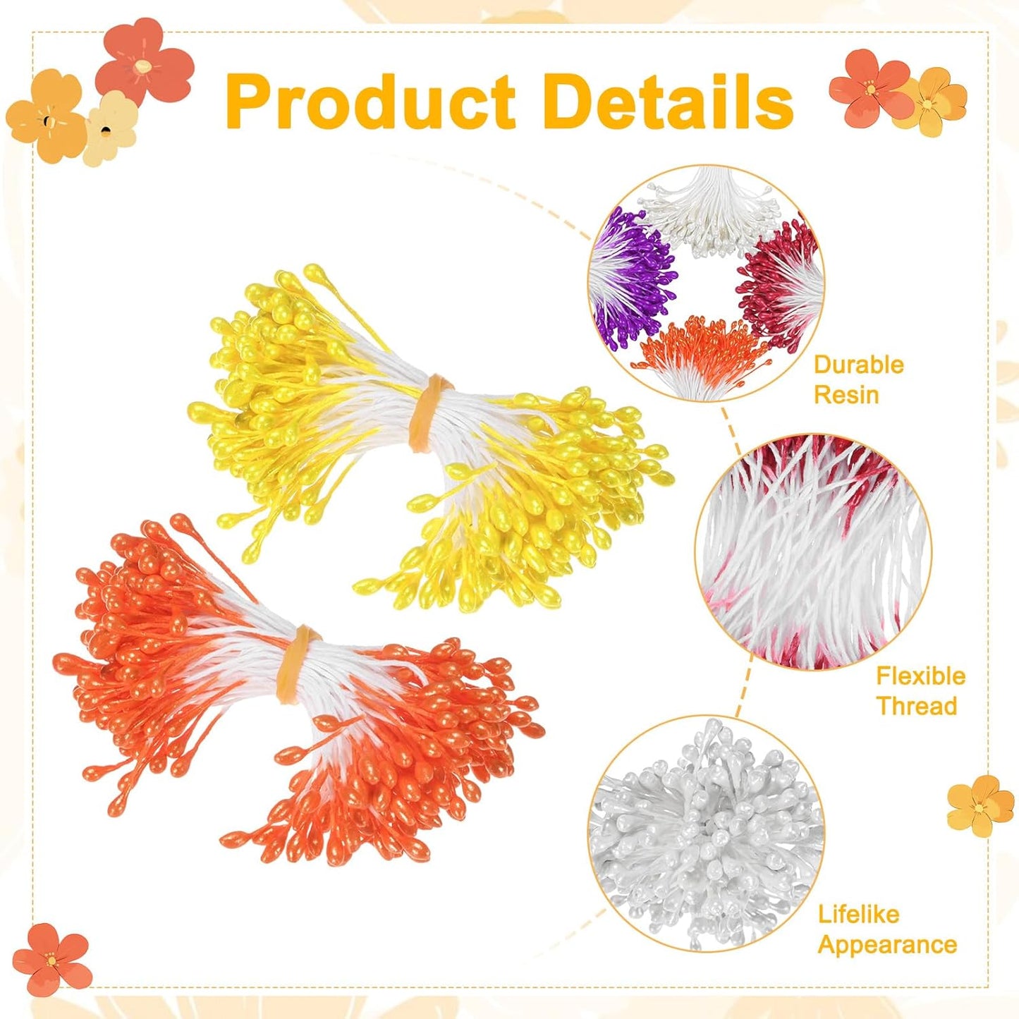 900-Pack Flower Stamens for Crafts, 5mm Double Heads Artificial Pearl Floral Pistil Mini Flower Pollens Stamens for DIY Making/Scrapbook Decoration [Orange and 5 Colors]