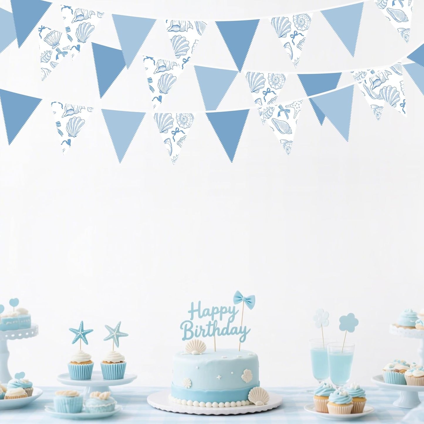 32Ft Ocean Coastal Nautical Beach Party Decorations Blue Bow Starfish Seashell Fabric Pennant Banner Triangle Flag Garland Streamer for Under The Sea Birthday Summer Baby Shower Bachelorette Supplies