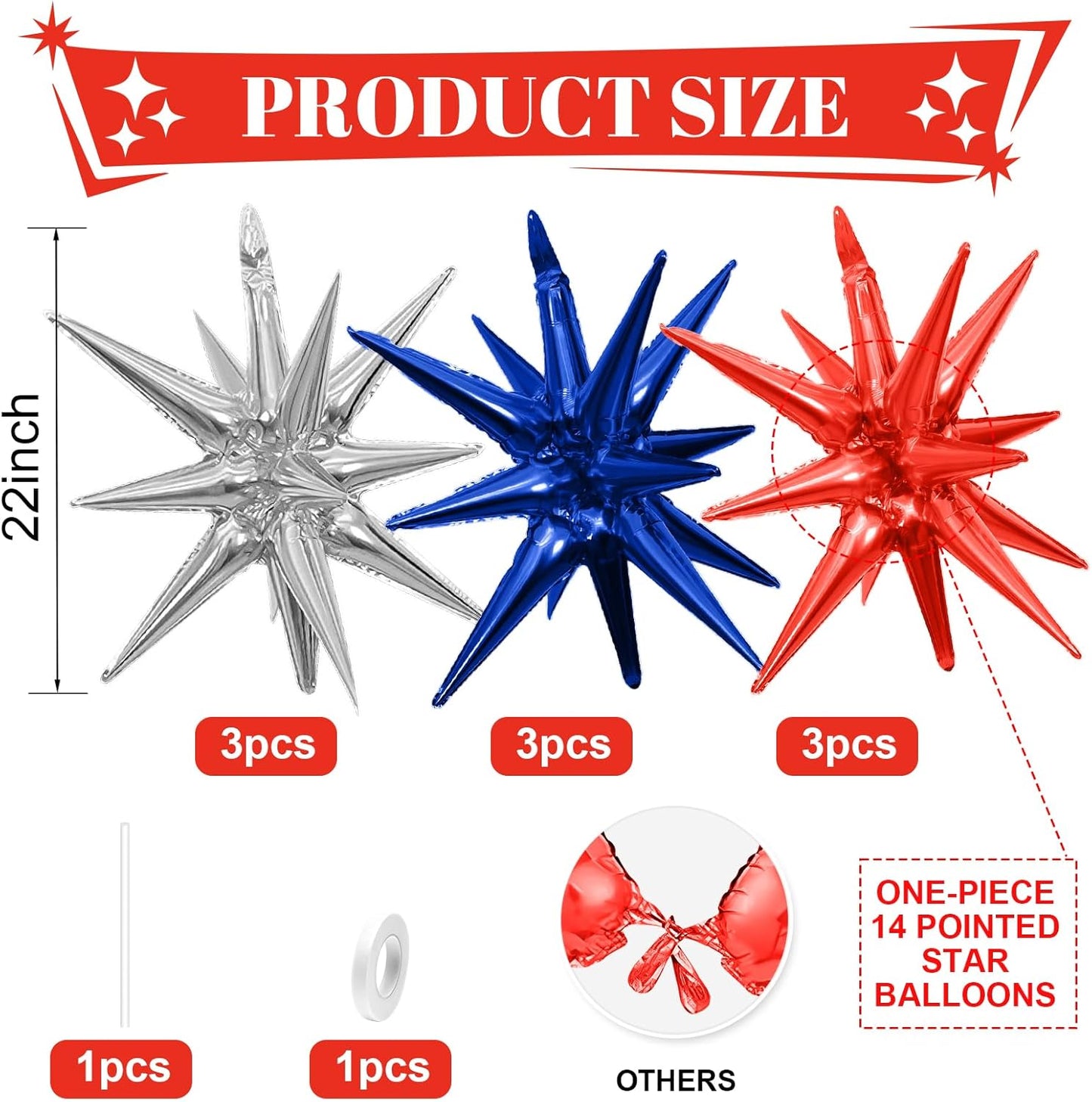 Red Blue Silver Star Balloons,9Pcs 22Inch Blue Red Silver Explosion Spike Cone Helium Polyester Film Star Foil Balloons for Birthday Anniversary Baby Shower 4th of July Disco Party Decorations