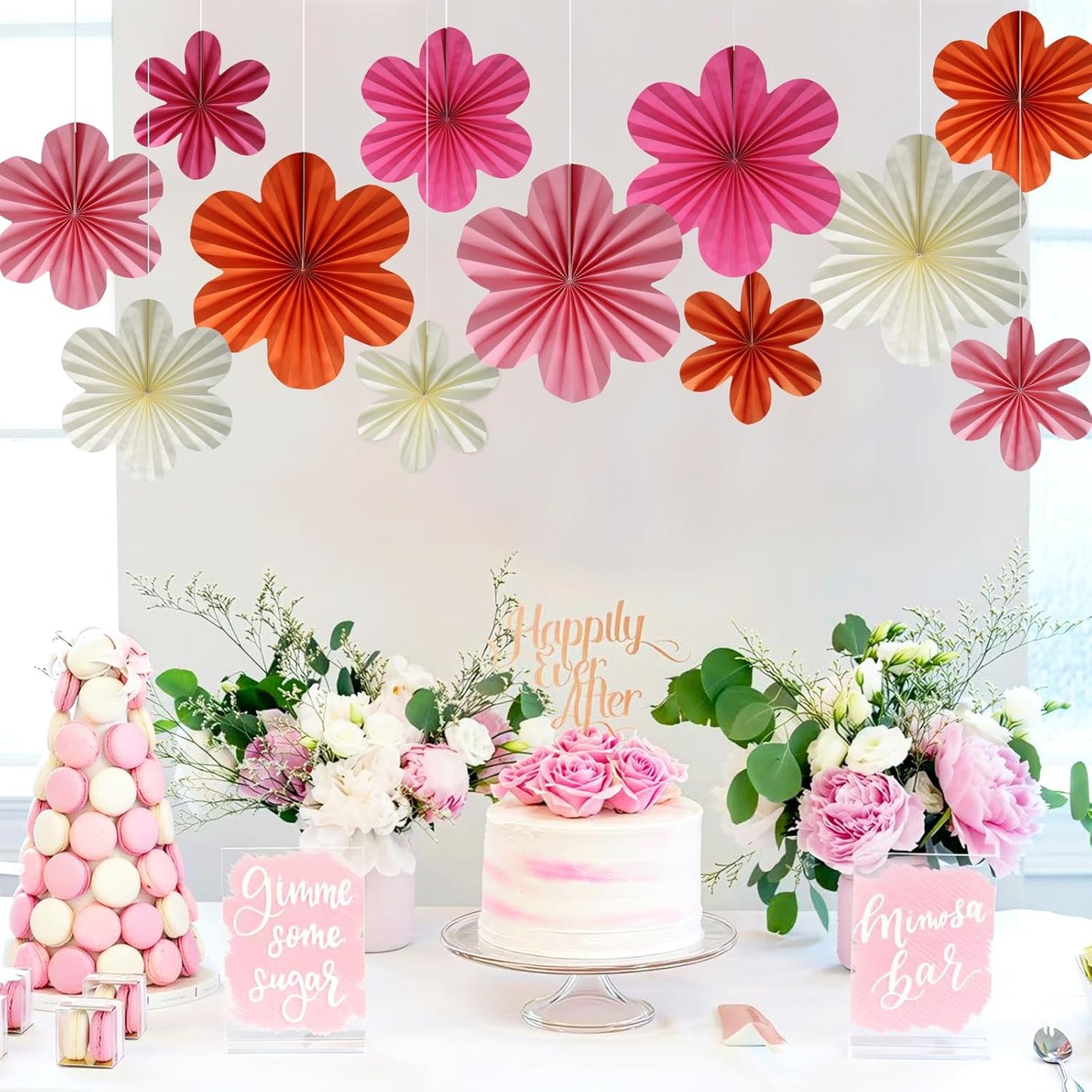 BestoFun 12 PCS Paper Flowers Fans Pink and Orange Party Decorations Paper Flowers Decorations for Wall Girl Groovy Birthday Baby Shower Wedding Bachelorette Room Hanging Décor