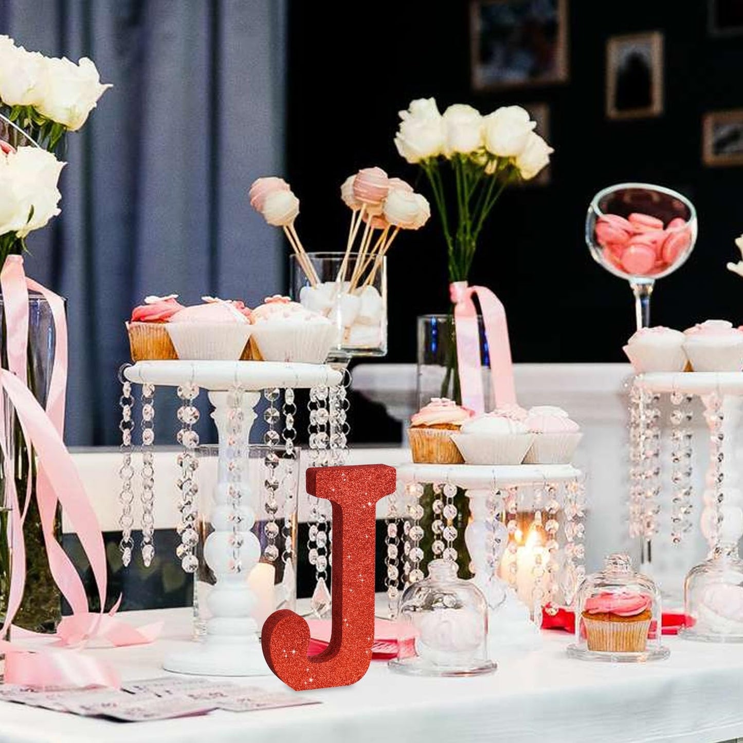 TONIFUL 8 Inch Red Glitter Letter J Table Centerpiece A-Z Red Birthday Party Decorations,Red Alphabet J for Birthday,Chrismas,Graduation,Bridal Shower,Wedding,Anniversary Party Supplies