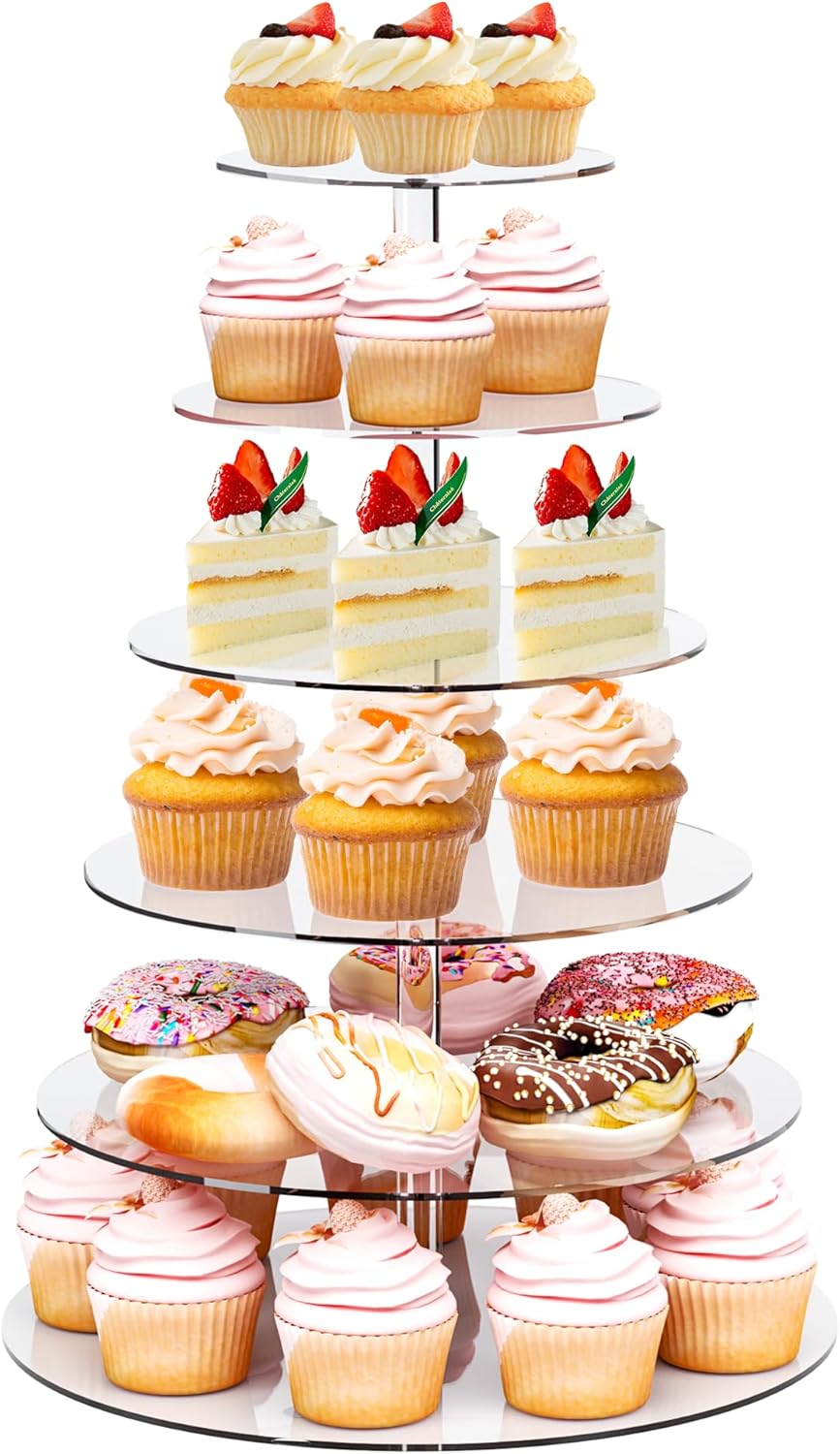 Cupcake Stand, 6 Tier Cupcake Stand for 50 Cupcakes, Round Acrylic Dessert Table Display, Clear Cupcake Tower Display for Party, Wedding, Graduation, Baby Shower