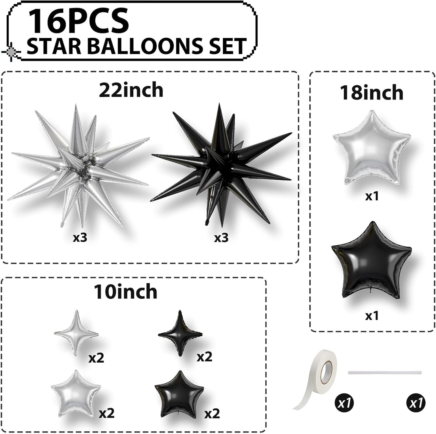 16 Pcs Black Silver Star Balloons,22/18/10 Inch Foil Balloons, Four-Pointed Balloon for Birthday Graduation Anniversary Wedding Baby Shower Party Decorations