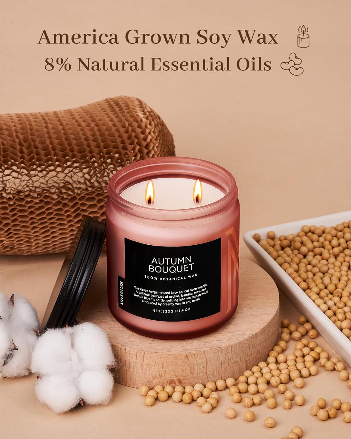 M&SENSE Fall Candle Autumn Wreath Scented, Large 11.6oz Natural Soy Wax 70 Hours Burn Time Clean Non Toxic Candle Classic 2 Wicks Gifts