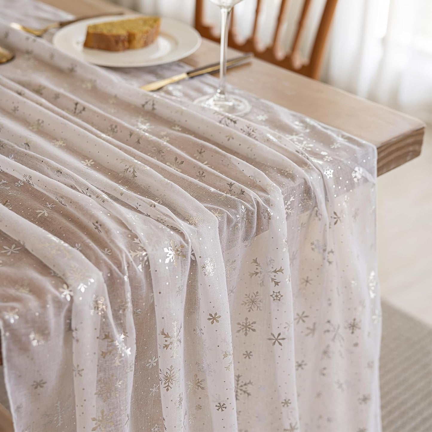 Silvery Snowflake Metallic Print Tulle Christmas Table Runner, Seasonal Winter Kitchen Dining Table Decoration for Home Party Decor 35x120 Inch(Off White)